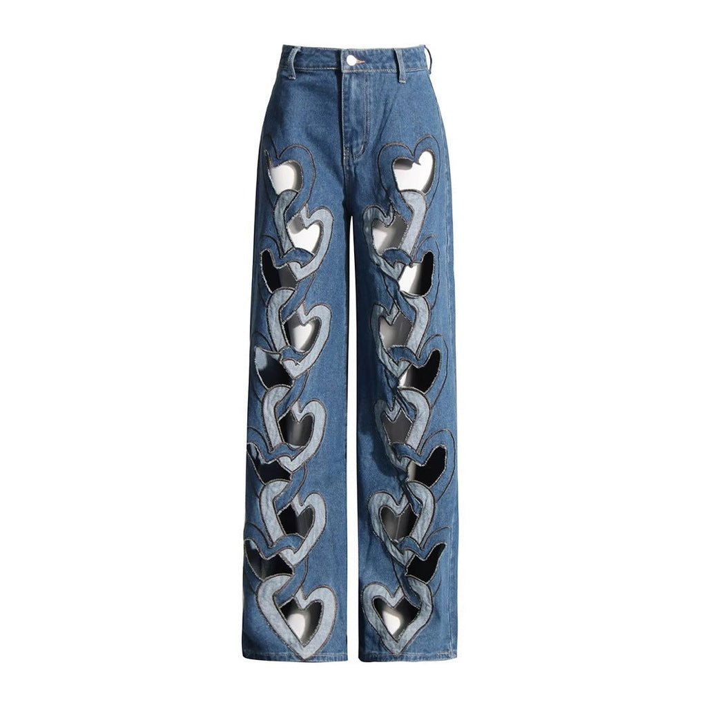 High Waist Hollowed Heart Shape Wide Leg Jeans