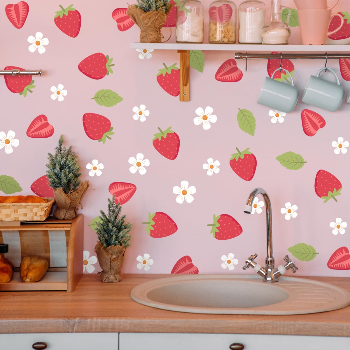 Strawberry and White Flower Stickers for Wall