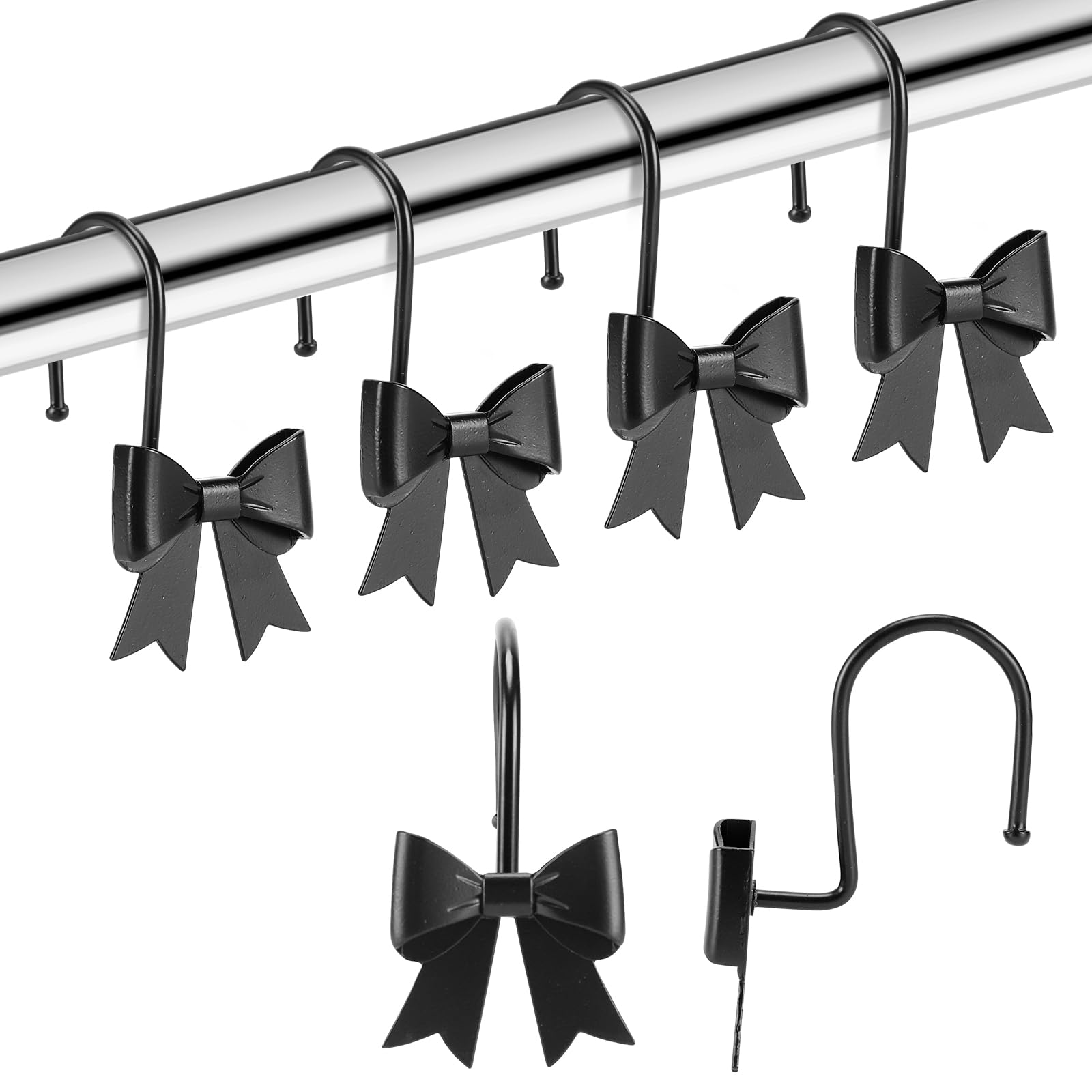 Metal Decorative Rings Bow Shower Curtain Hooks, Rustproof Bow Knot Design for Bathroom 12 Pack