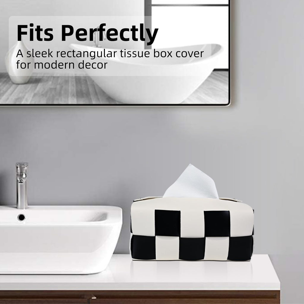PU Leather Tissue Box Holder with Metal Buckle, Checkered Tissue Box, Decorative Organizer