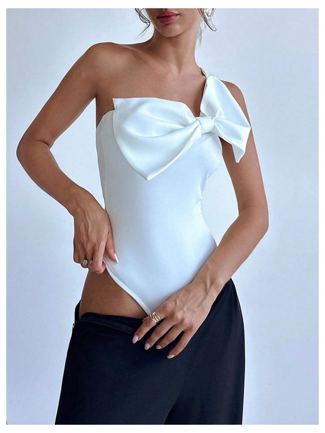 Women's One Shoulder Sleeveless Big Bow Front Elegant Fitted Tank Top Bodysuit