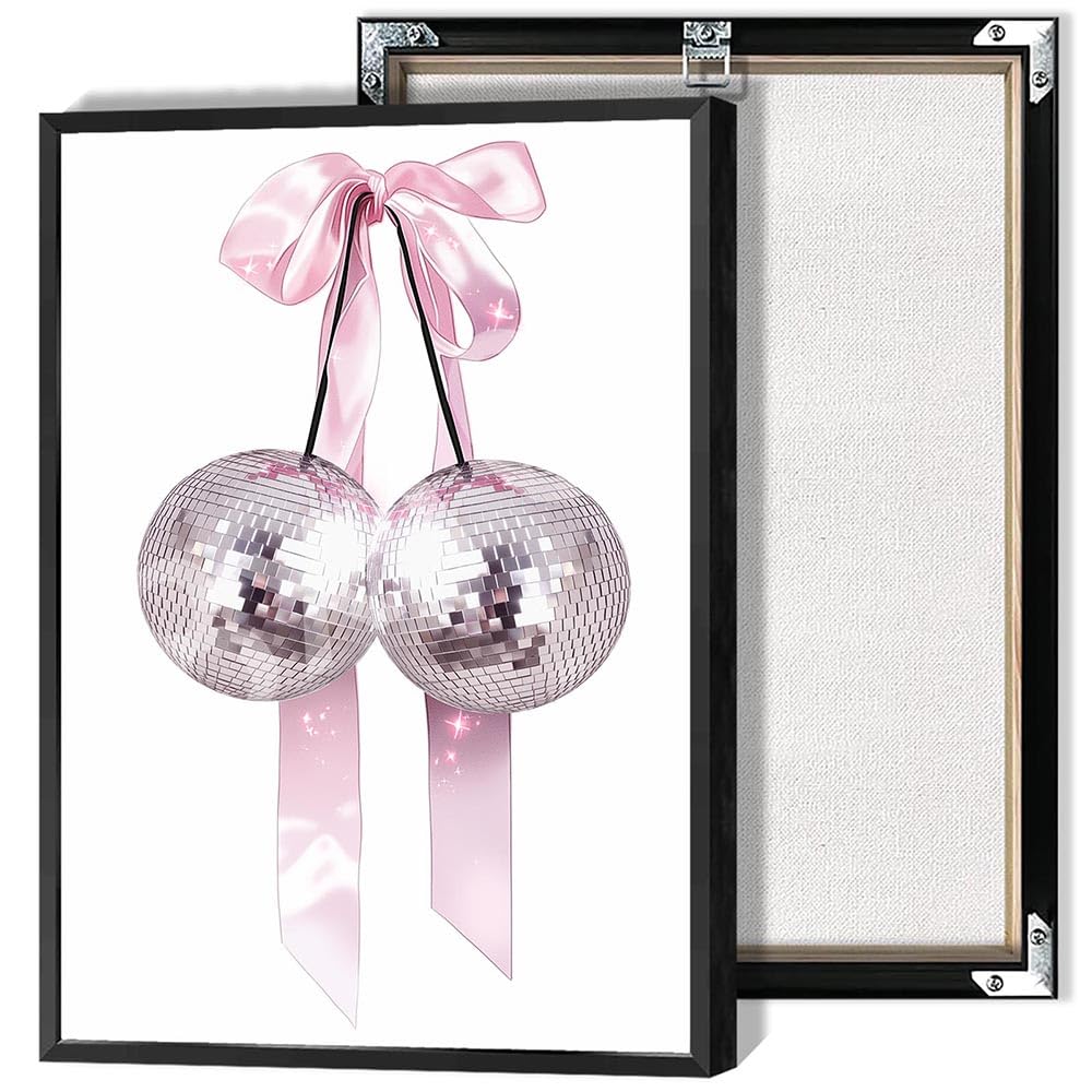 Trendy Pink Bow Disco Ball Posters White Cherry Canvas Wall Art Funky Coquette Bow Ribbon Preppy Aesthetic Prints Painting