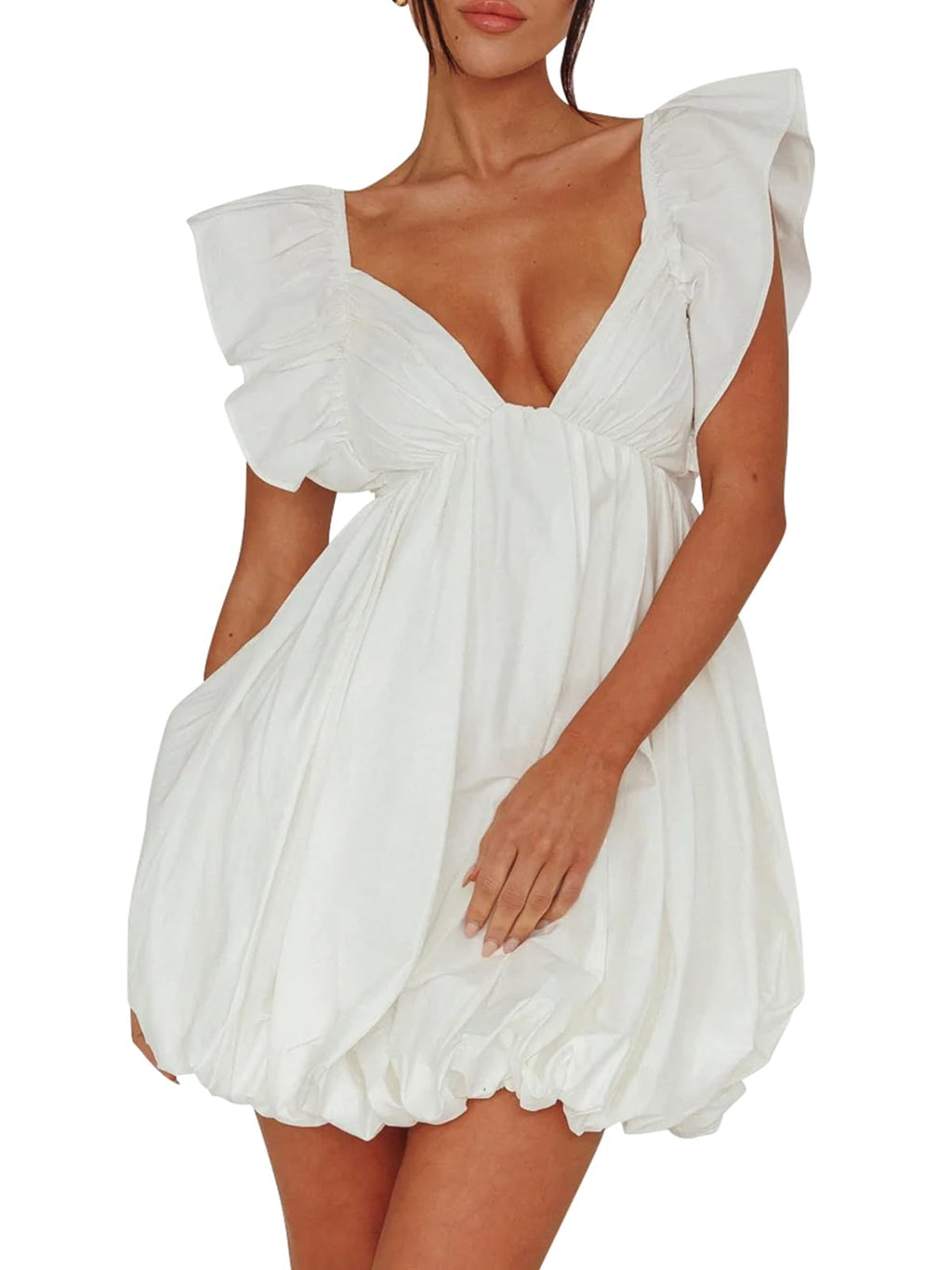 Summer Mini Deep V-Neck Babydoll Dress â€?Backless Lace-Up Sexy Bubble Dress