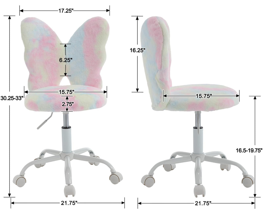Kids Desk Chair Butterfly Faux Fur Study Chair Adjustable Vanity Chair, Small Cute Student Task Chair with White Foot