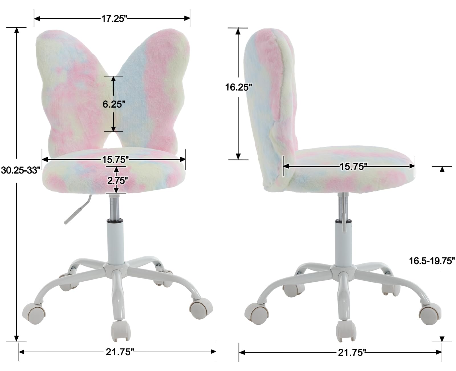 Kids Desk Chair Butterfly Faux Fur Study Chair Adjustable Vanity Chair, Small Cute Student Task Chair with White Foot