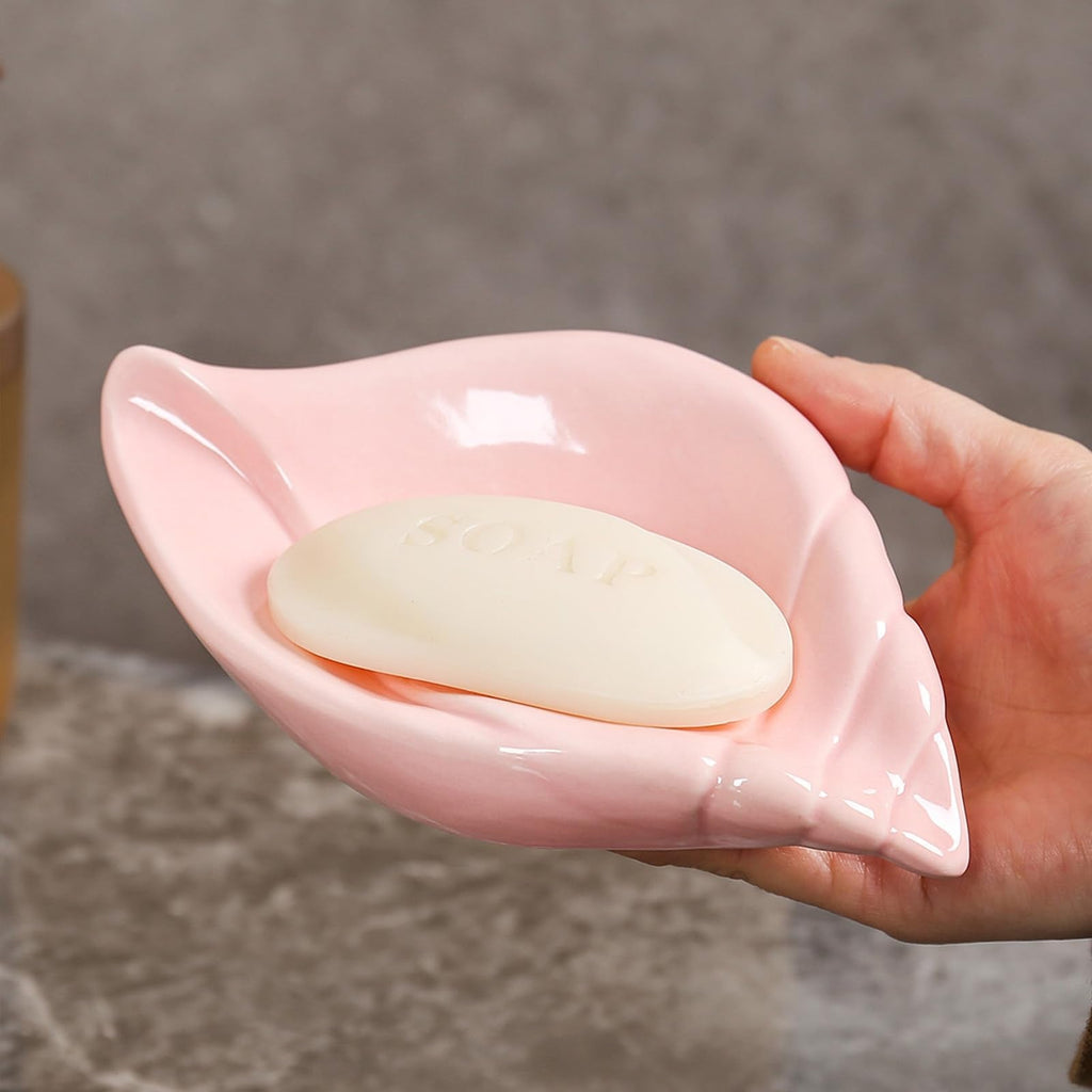 Sea-Shell Soap Holder, Ceramic Soap Tray with Self Draining, Soap Tray for Sink Washroom Bathroom Shower, Small Cute and Elegant Holder with Glaze