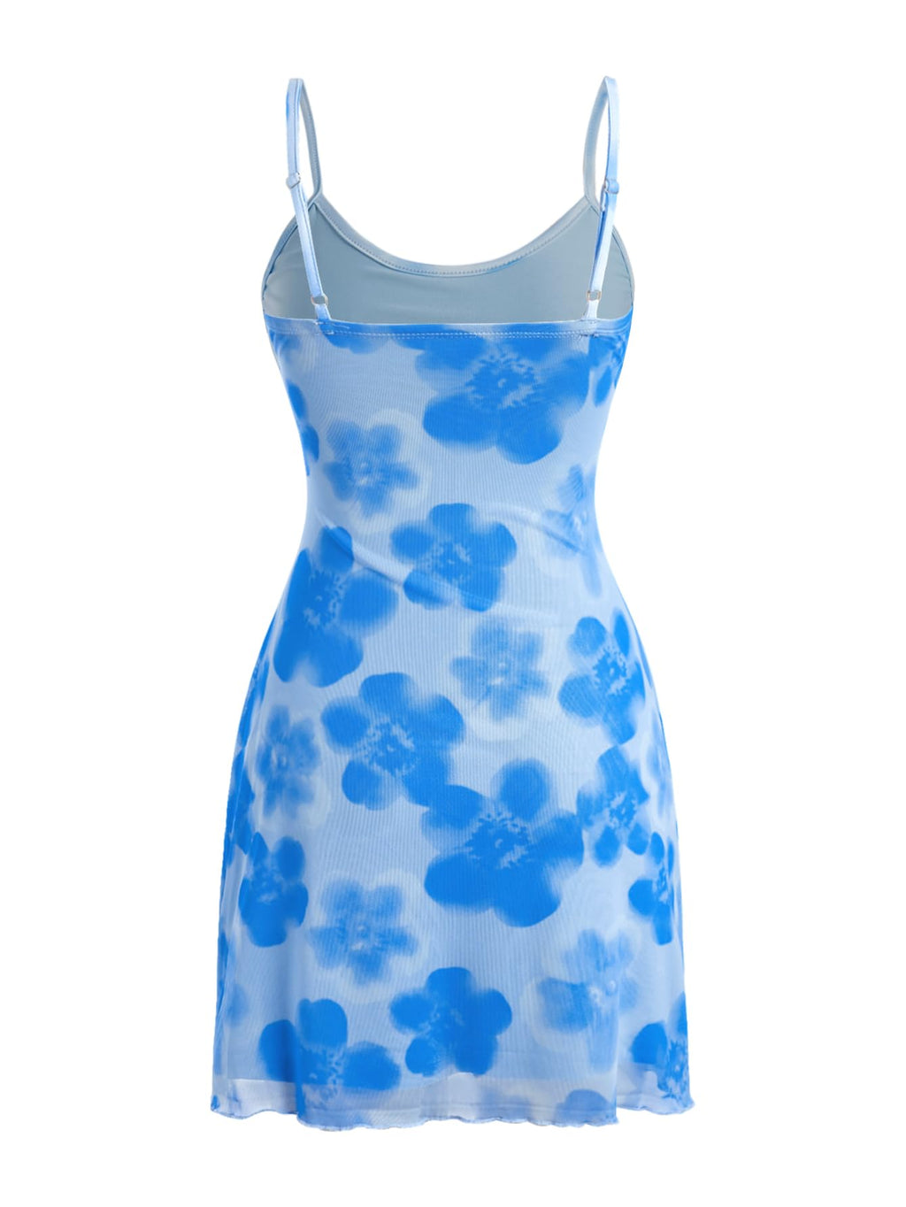 Women's Floral Mesh Mini Cami Dress Sleeveless Scoop Neck Lettuce Trim Bodycon Dress