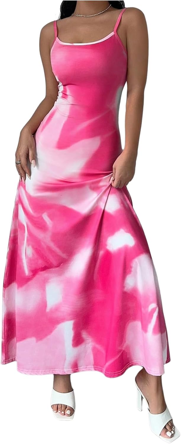 Women's Floral Print Backless Maxi Dress Scoop Neck Sleeveless Spaghetti Strap Dresses