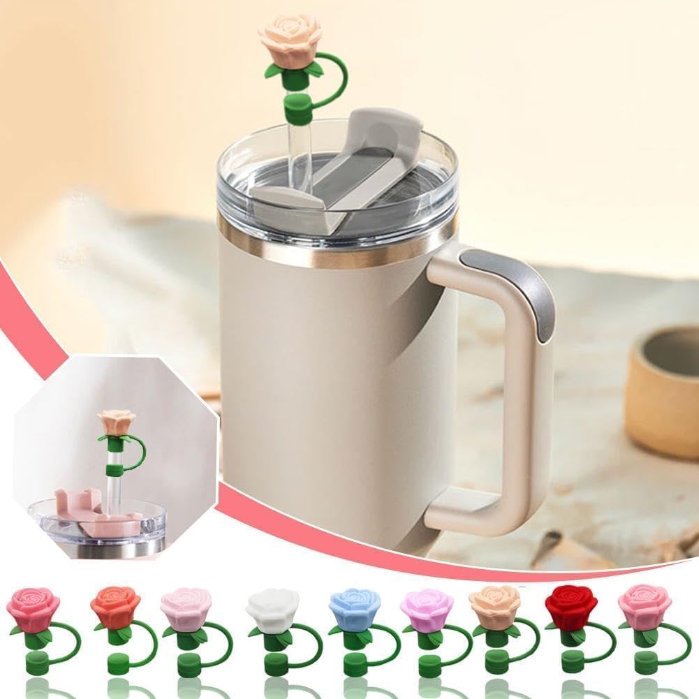 Rose Flower Straw Covers for Stanley Cup, Silicone Cover Dust Proof Plugs Protector 4Pcs 10mm