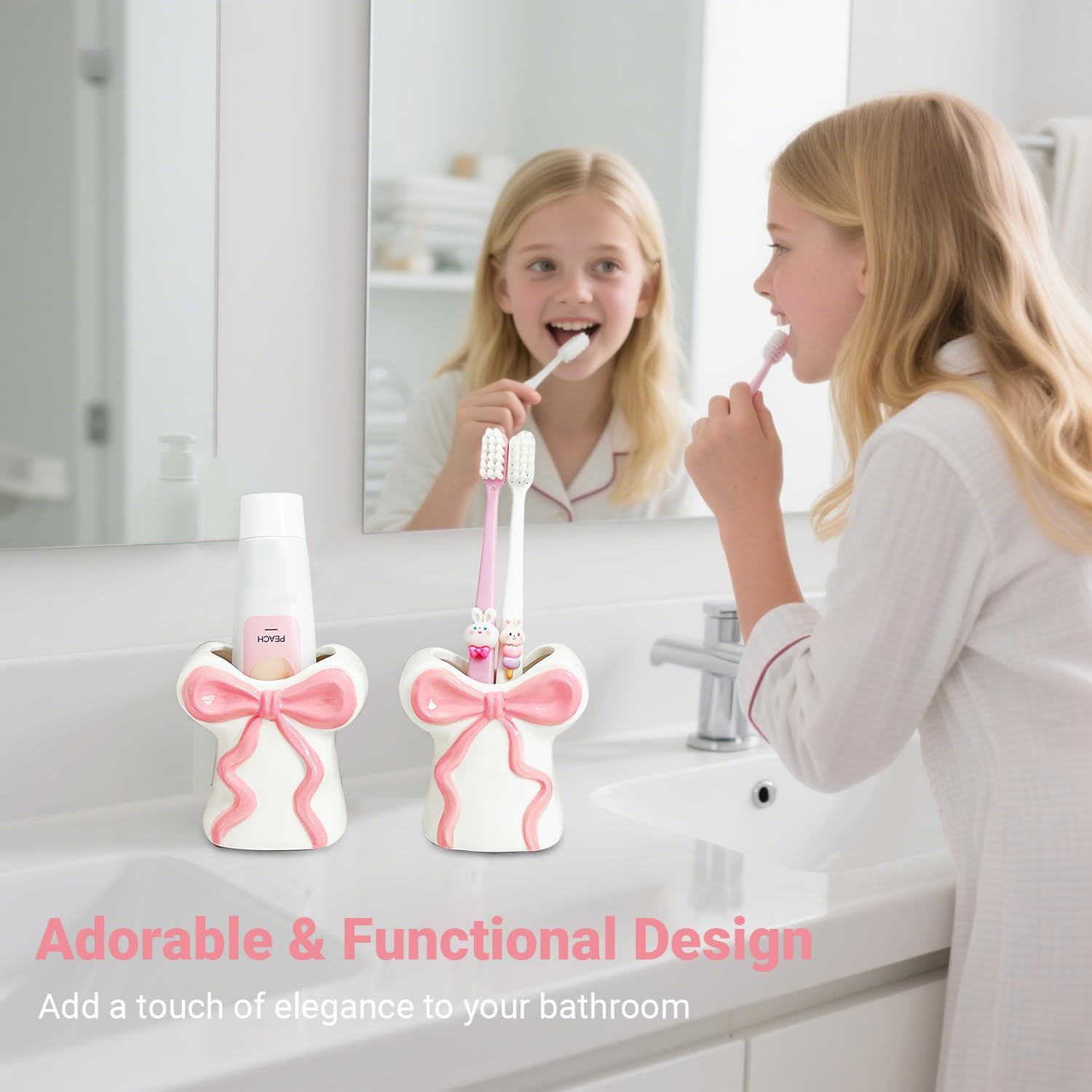 Cute White Ceramic Bow Toothbrush Holder - Bathroom Countertop Organizer with Pink Bow, Personalized Countertop Decor Accessories