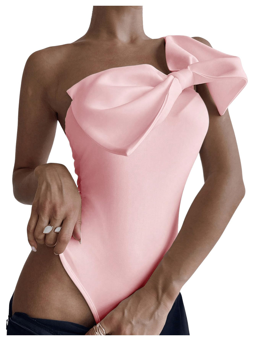 Women's One Shoulder Sleeveless Big Bow Front Elegant Fitted Tank Top Bodysuit