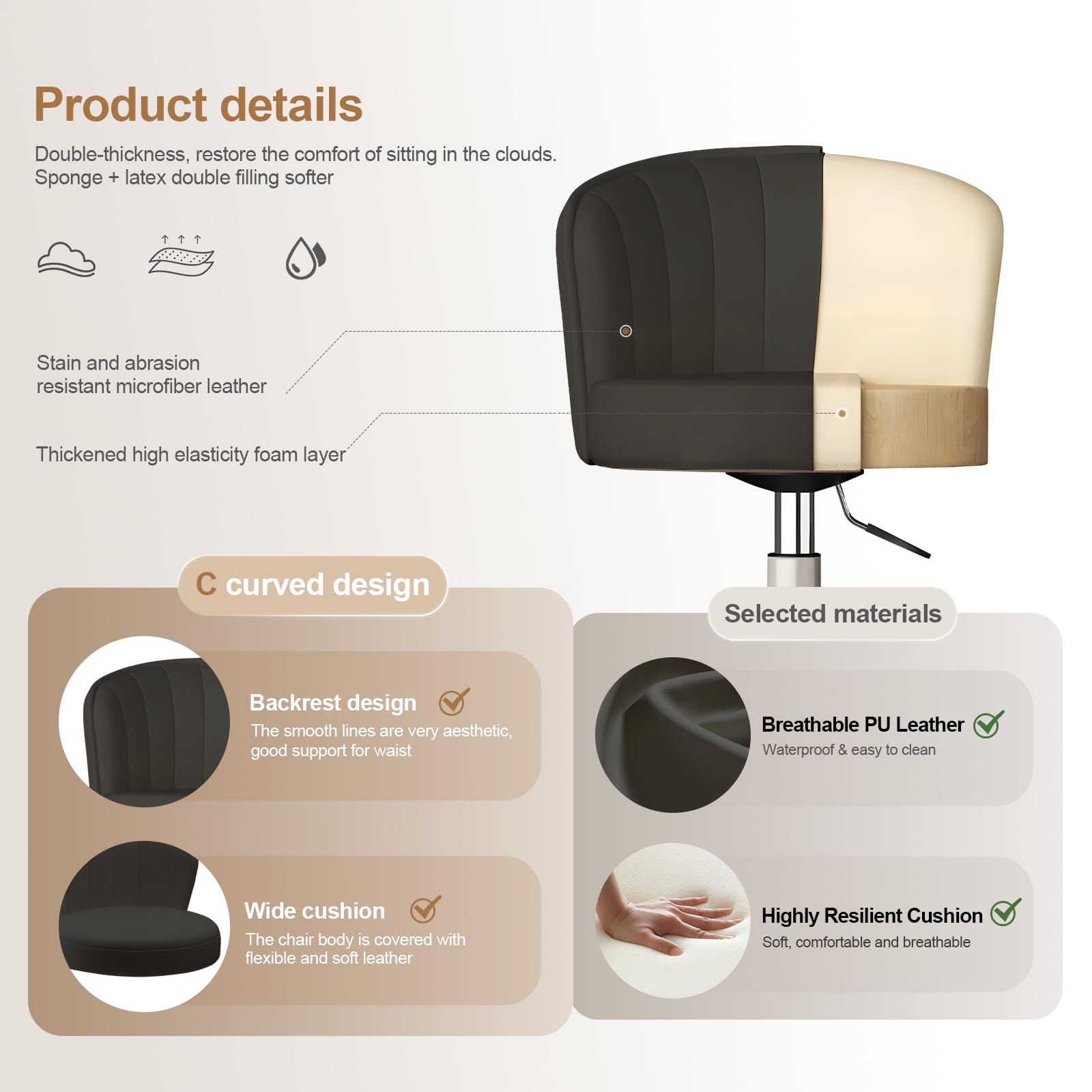 Small Desk Chair Round Rolling Chair with Back PU Leather Height Adjustable Swivel Vanity Work Computer Stool Chair