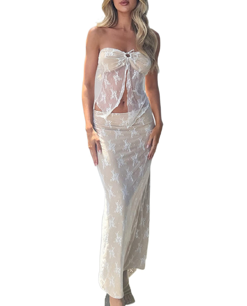 Women Y2K 2 Piece Long Skirt Set V Neck Halter Crop Top Off Shoulder Slim Fit Tube Top Split Maxi Skirts Outfit