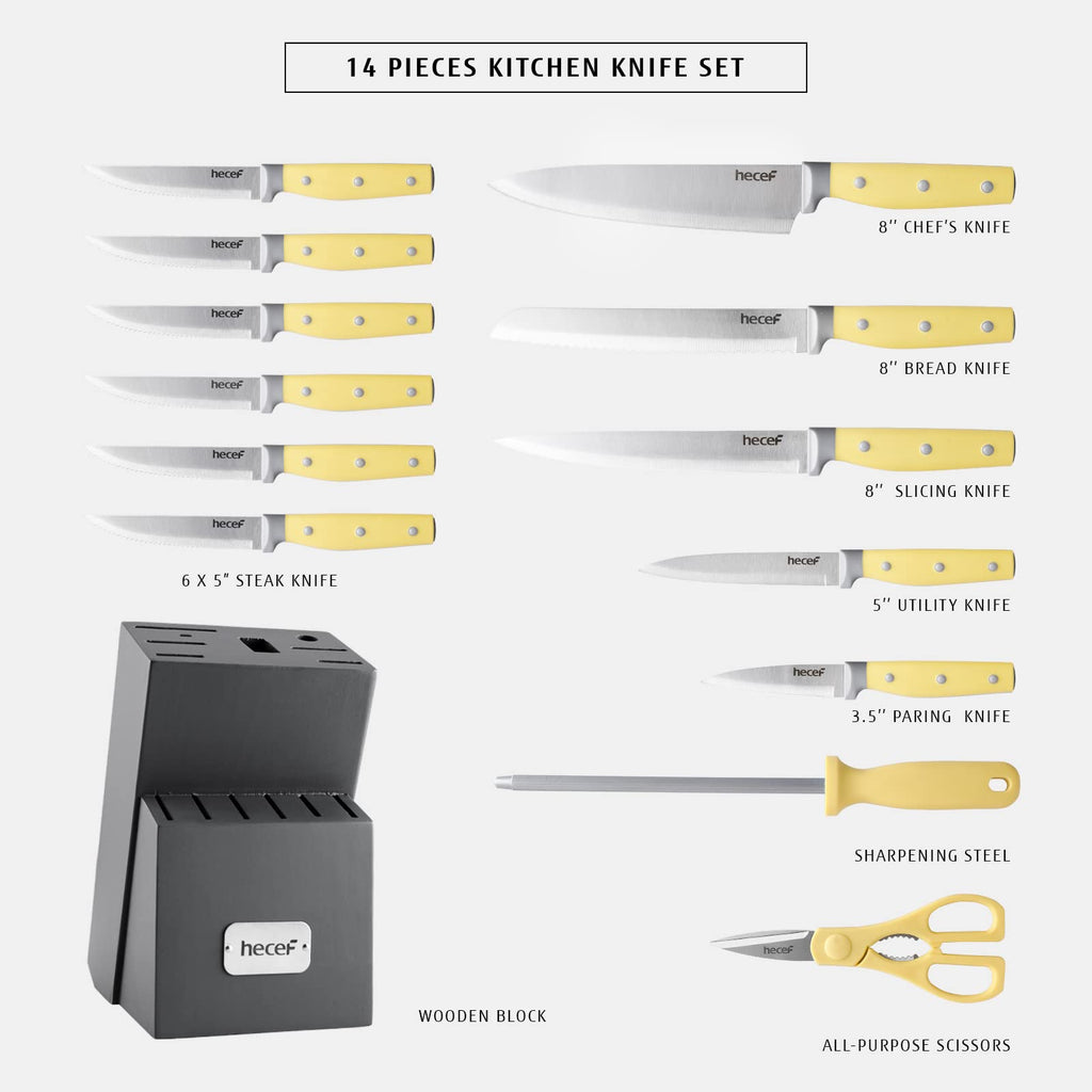 Kitchen Knife Block Set, 14 Pieces Knife Set with Wooden Block & Sharpener Steel & All-purpose Scissors, High Carbon Stainless Steel Cutlery Set