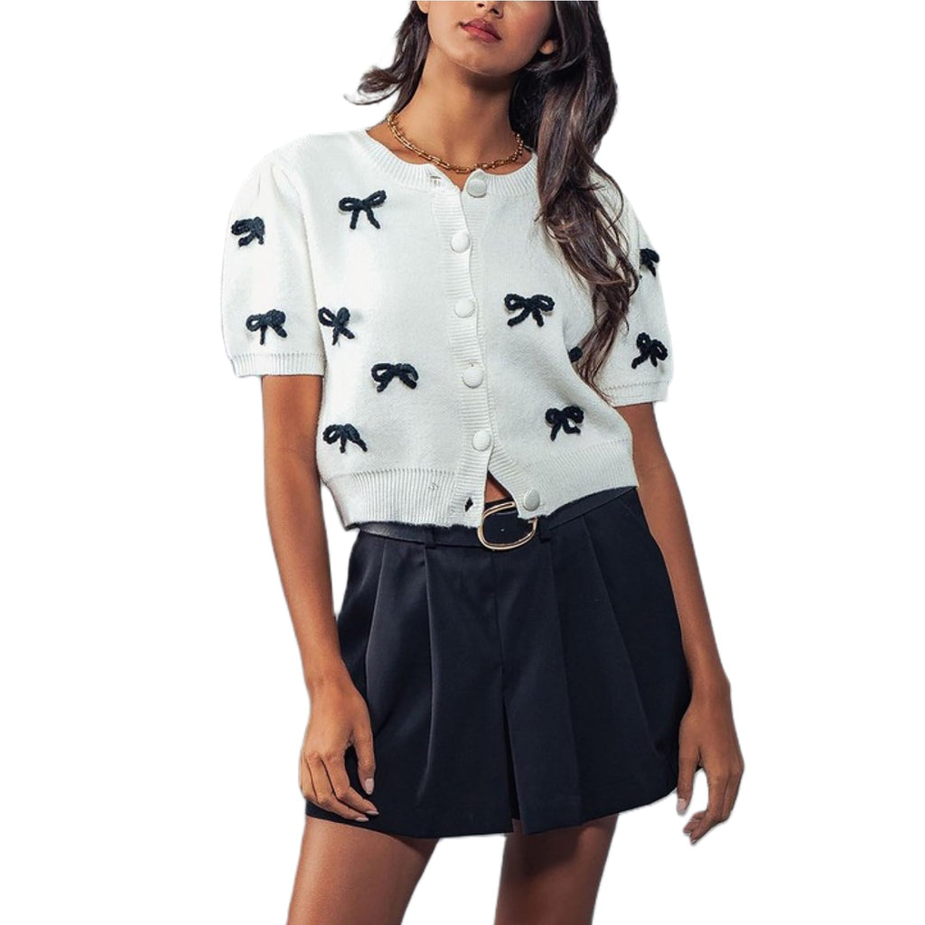 Women Short Sleeve Cardigans Cute Y2k Crop Tops Bow Tie Button Down Knitted Shirts Lightweight Cardigan Sweaters