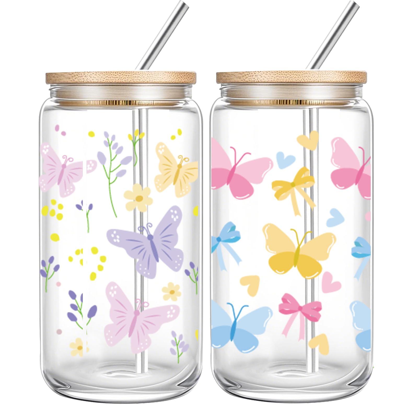 Cute 16oz Glass Cups with Lids and Straws, 2 Pack