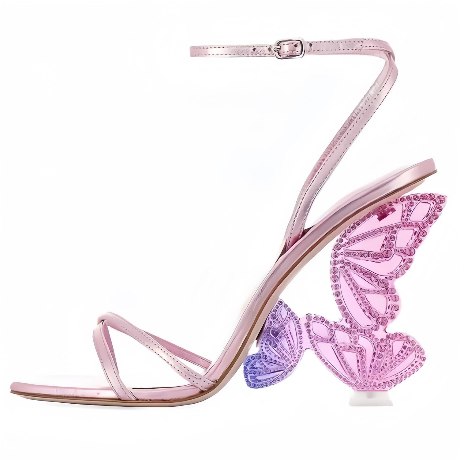 Rhinestone Butterfly Stilletos Heels Sandals for Women, Open Pointed High Heels Sandals Ankle Strap Buckles