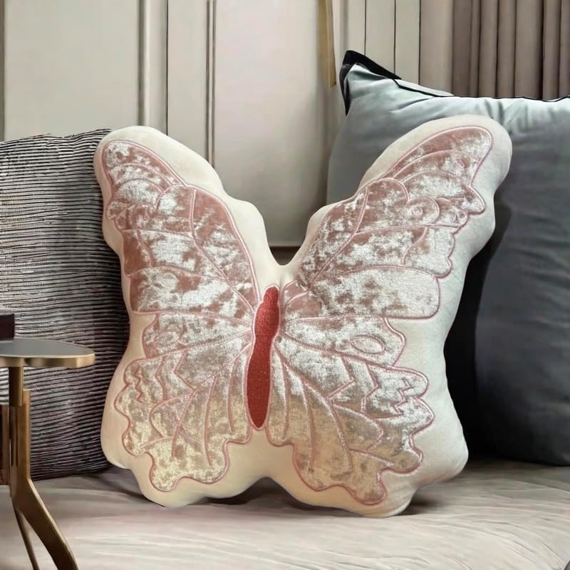 Butterfly Throw Pillow, Pink Butterfly-Shaped Glitter Velvet Stuffed Cushion Shiny Spring Decorative Animal Pillow for Couch Living Room Bed (11.8"x11.8")