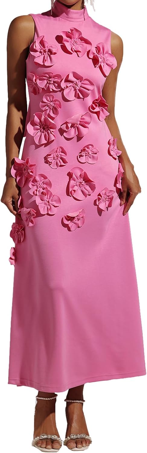 Pink 3D Flower Garden Party Dress Sleeveless Elegant Dress Maxi Bodycon Dress High Neck Pleated Dress for Women