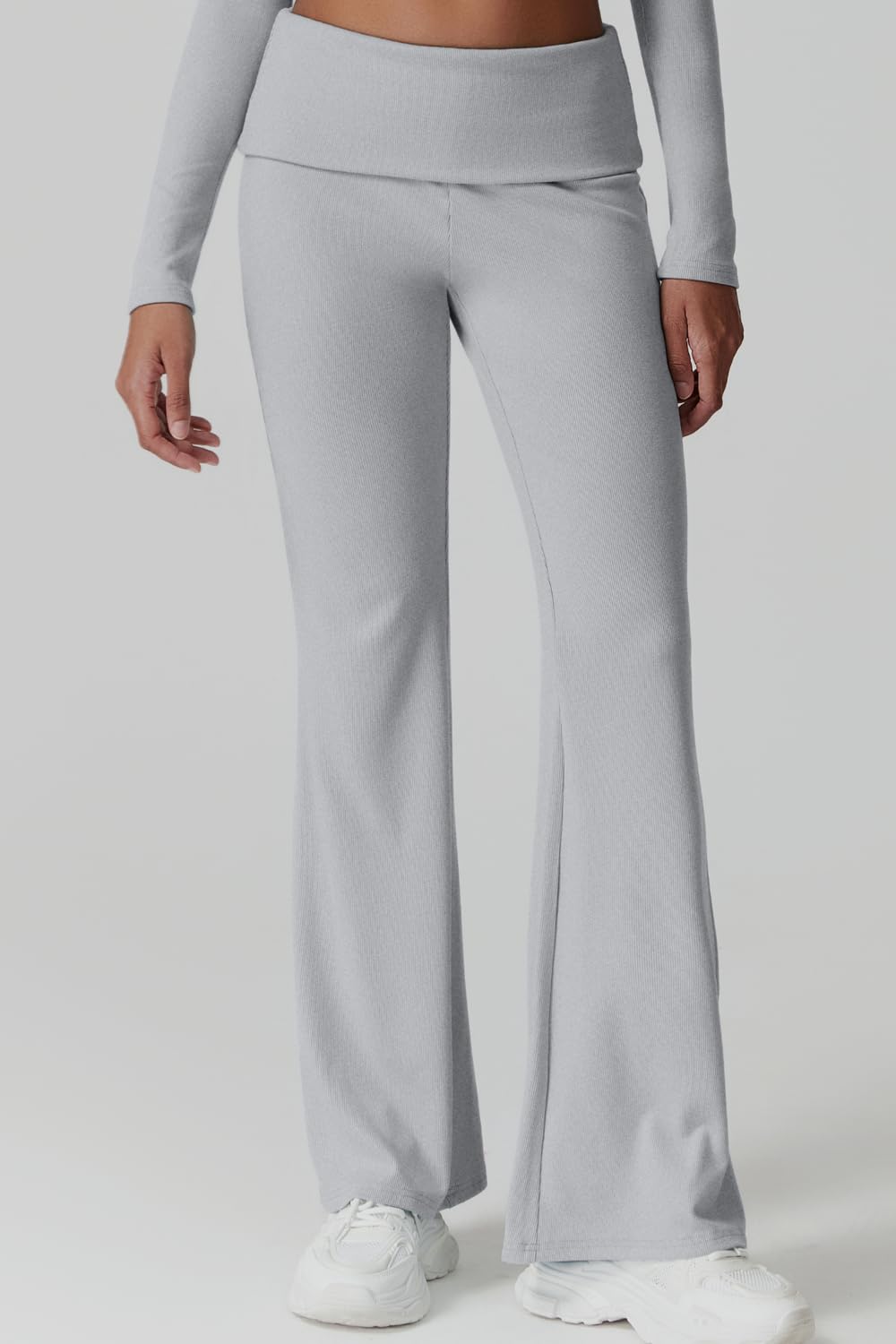 Womens 2 Piece Lounge Sets Mock Neck Long Sleeve Tops with Side Ruched Fold Over Flare Pants Comfy Tracksuits