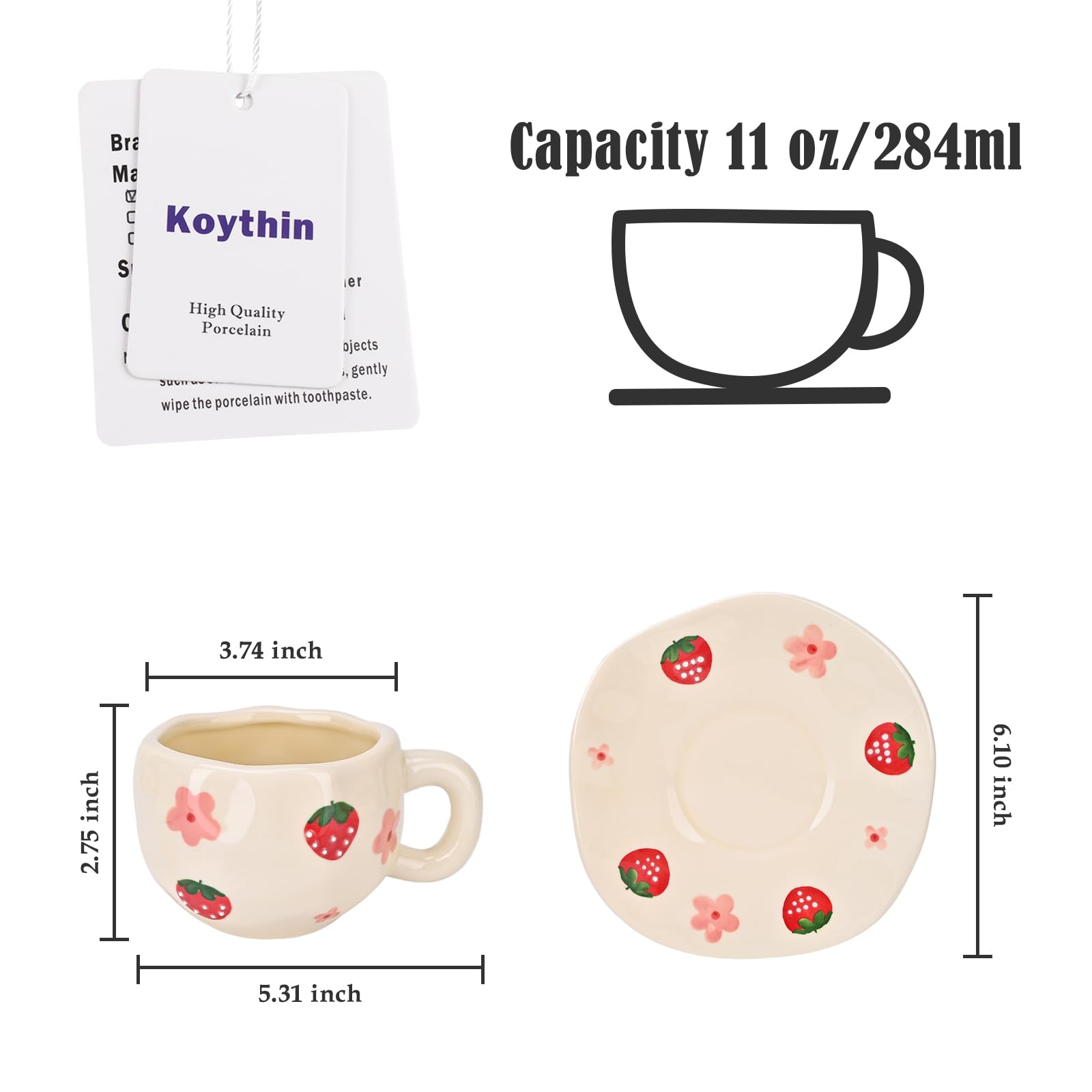 Ceramic Coffee Mug with Saucer Set, Cute Creative Cup Unique Irregular Design, 10 oz/300 ml