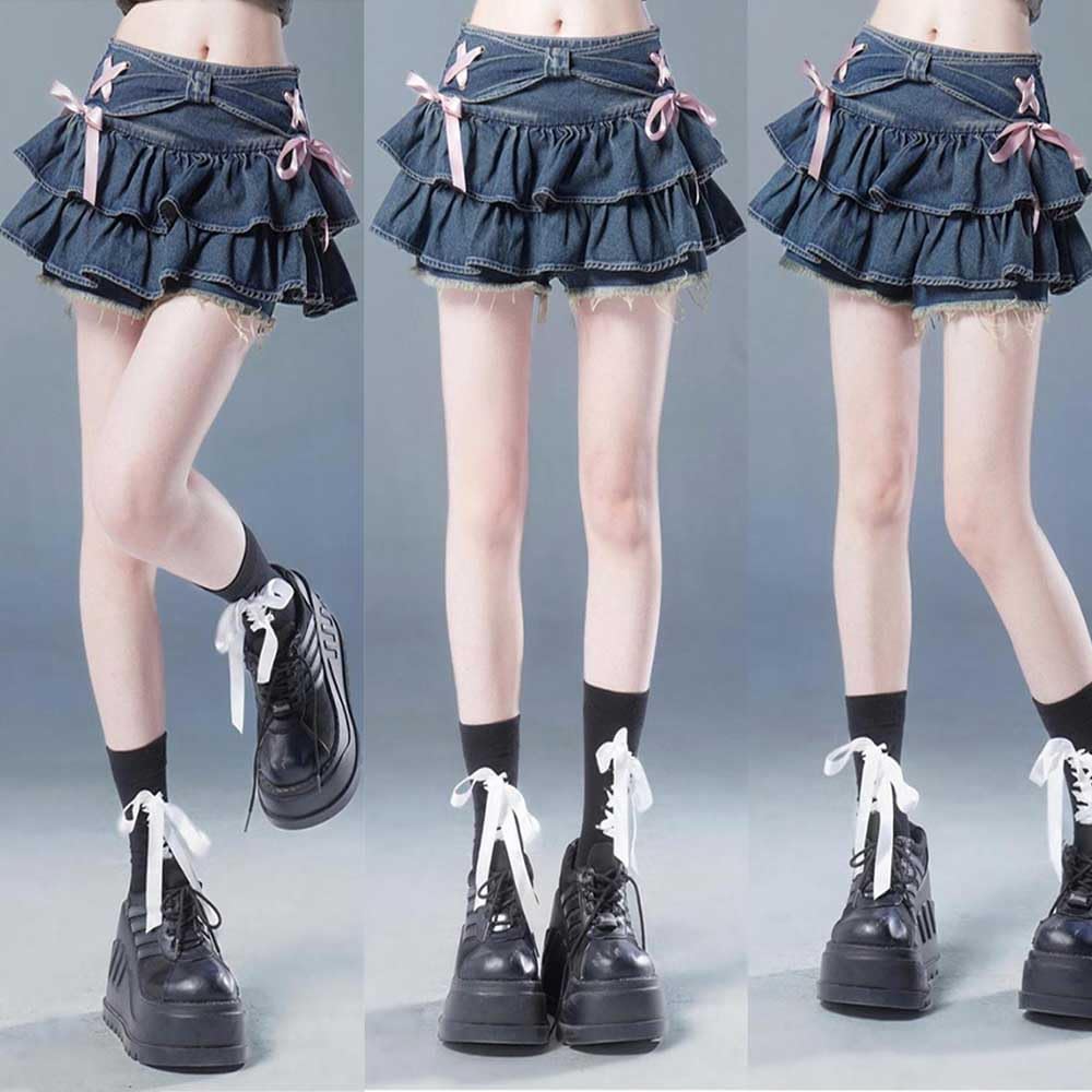 Y2K Women's Bow Low Waist Retro Pleated Skirt with Adjustable Waist A-line Mini Denim Skirt