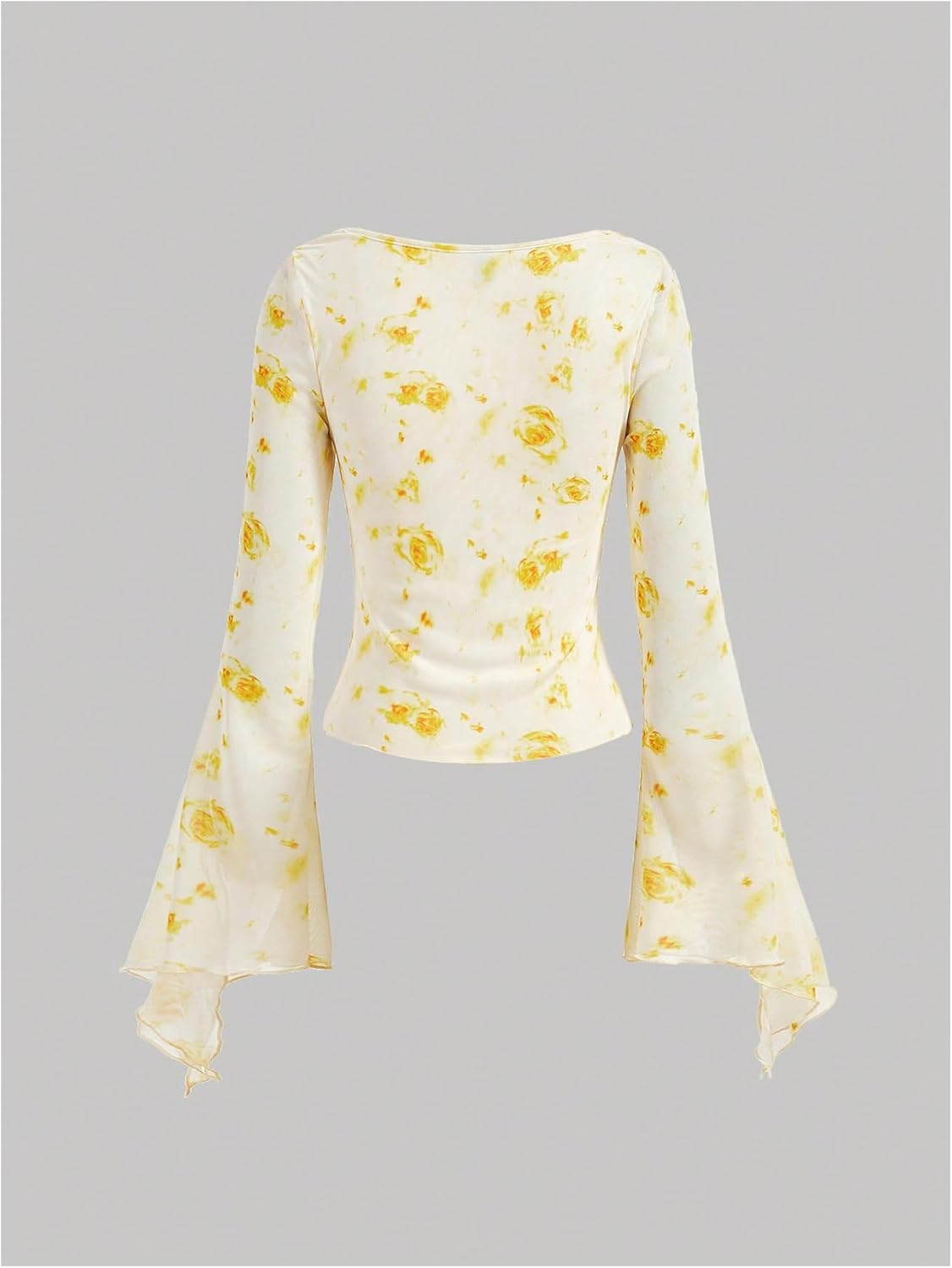 Verdusa Women's Floral Print Mesh Bell Sleeve Tie-Front Top with Lettuce Trim