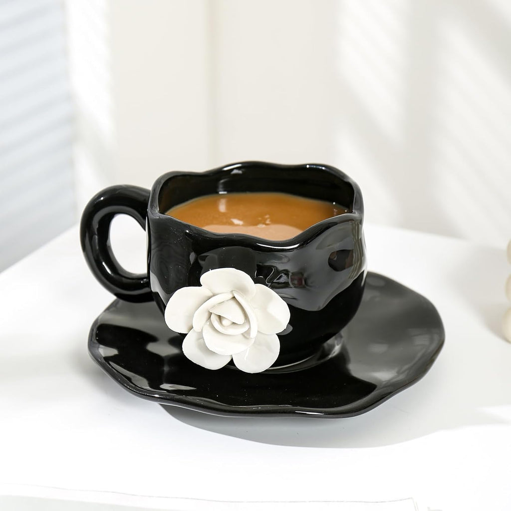 Cute Black with White Flowers Ceramic Cups, Unique Fancy Tea Cups with Saucer, 11OZ