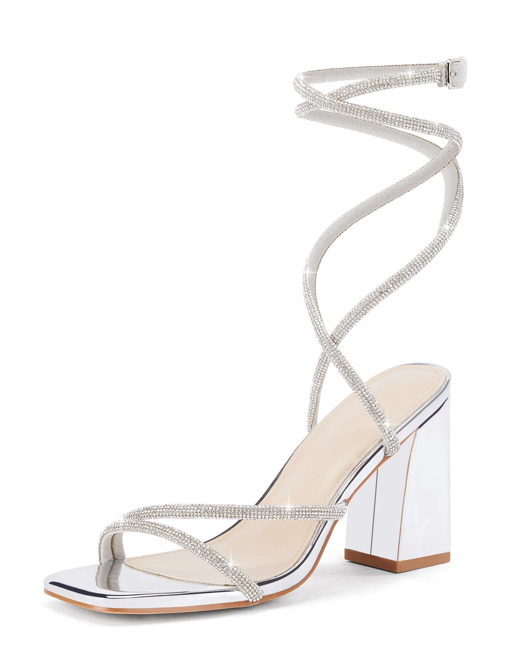 Womens Lace Up Chunky Heels Rhinestone Sandals Square Open Toe High Block Heeled