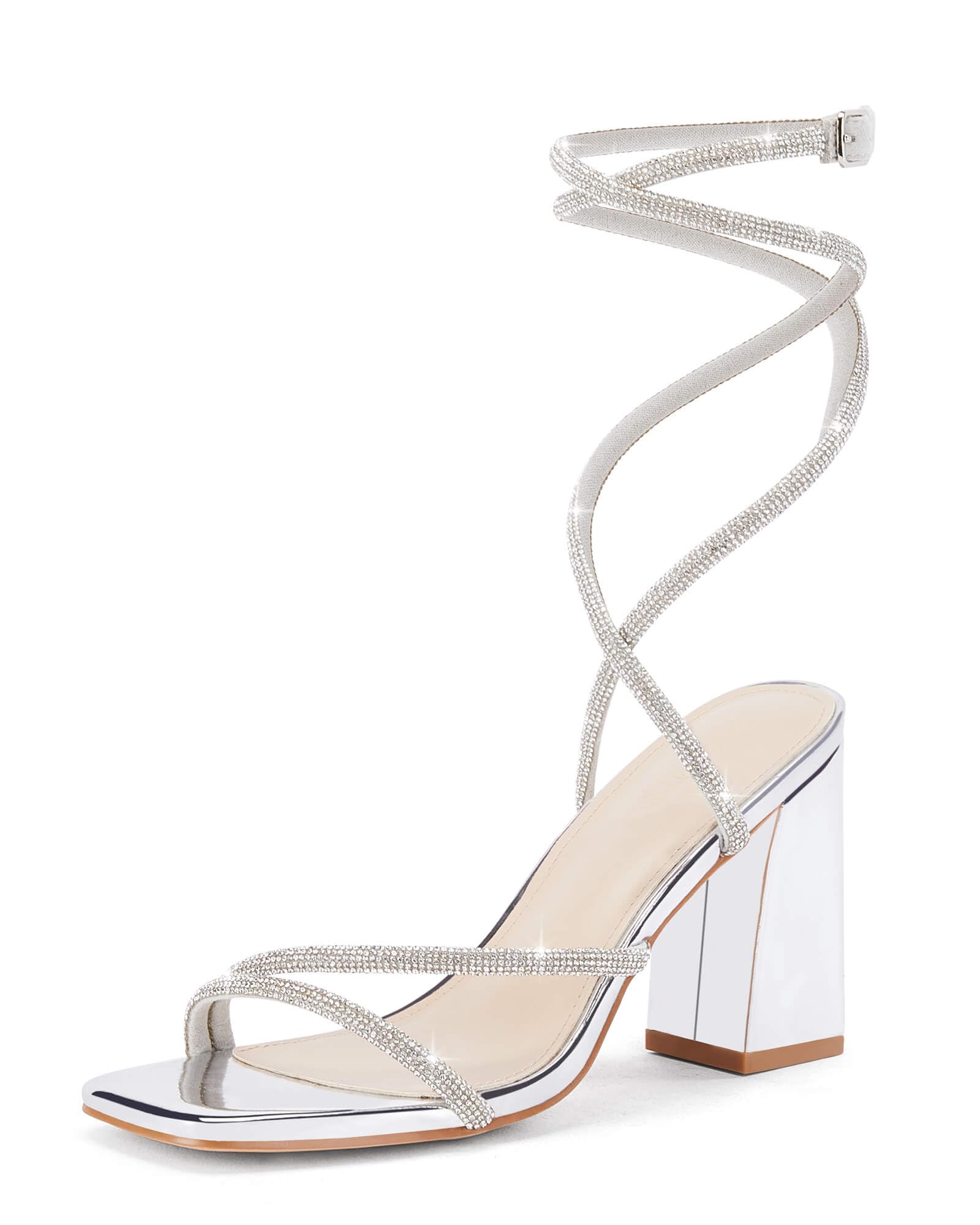 Womens Lace Up Chunky Heels Rhinestone Sandals Square Open Toe High Block Heeled