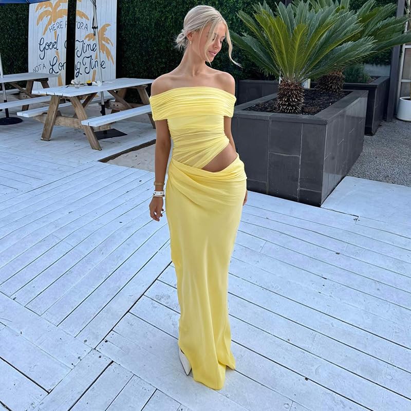 Women Off Shoulder Bodycon Maxi Dress Layered Mesh Ruched Hollow Out Dresses