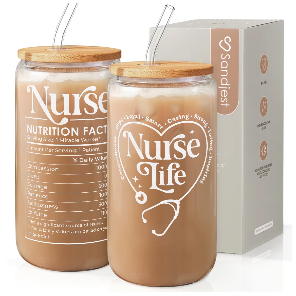 Glass Cup with Lid & Straw, Iced Coffee Aesthetic Glass Can, 16oz