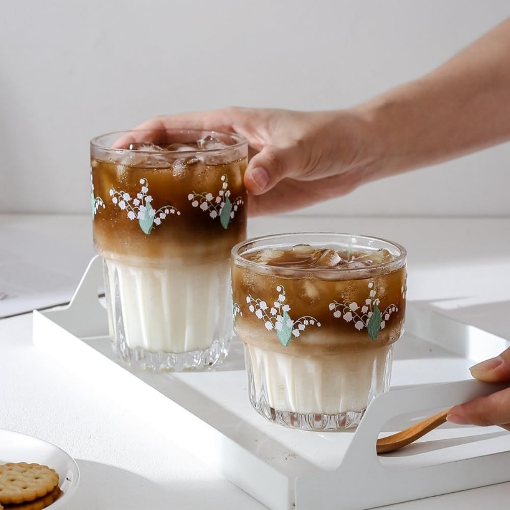 Set of 2 12 oz French Drinking Glasses Floral Juice Cup Cute Rabbit Bow Glass Cups