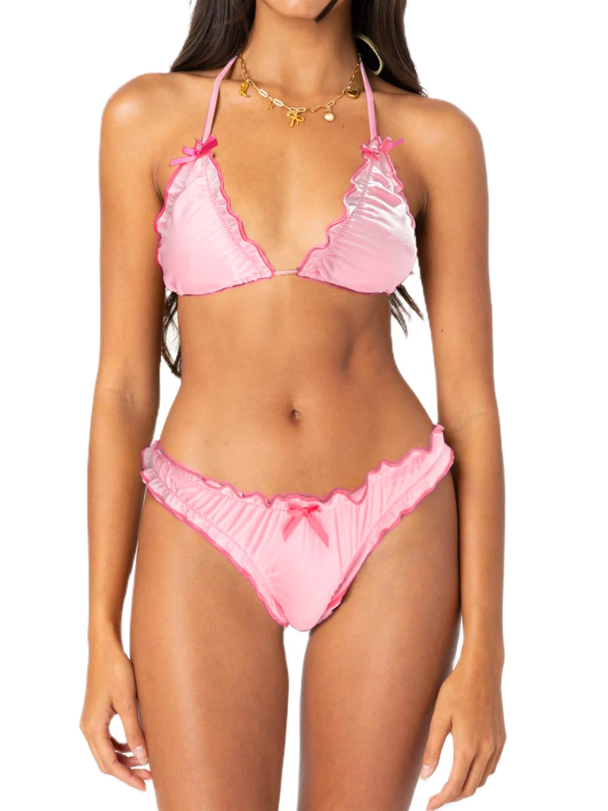 Women Y2k Bikinis Sets Coquette Aesthetic Bows Halter Tie Up Bikini Top High Cut Elastic Waist Bikini Bottom