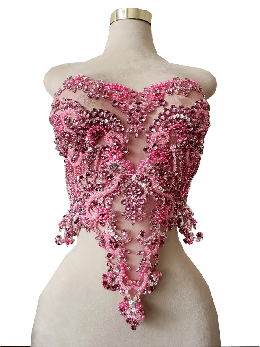 Handmade red/Blue/Gold/Green Rhinestones lace Bodice Applique Sewing Beads Crystal Trim Patches Accessory for Dress Clothes (Rose red)