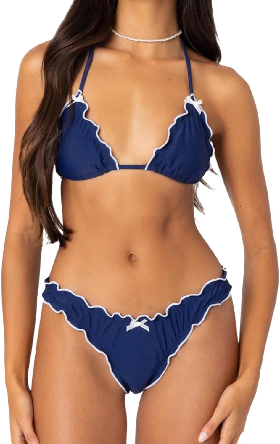 Women Cute Bikini Set Lettuce Trim Halter Neck Tie Up Bikini Top Triangle Set 2 Pieces Coquette Bathing Suit