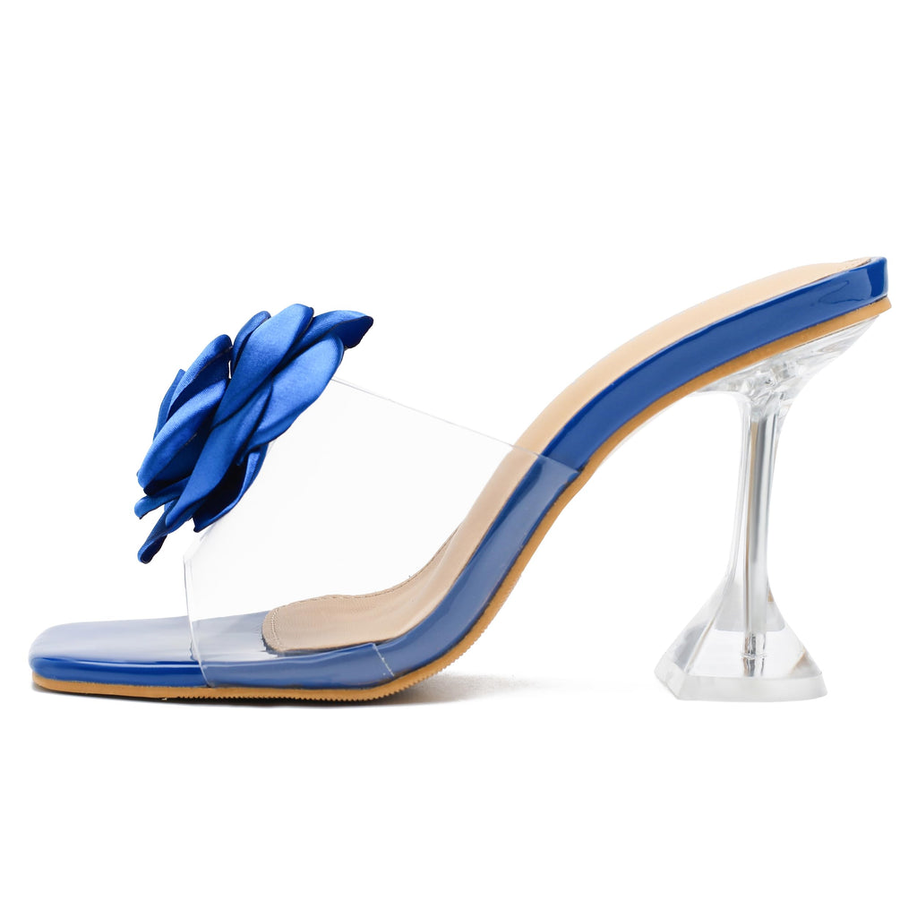 Women Flowers High Heels Mules Sandals Square Toe Slip On Sandals