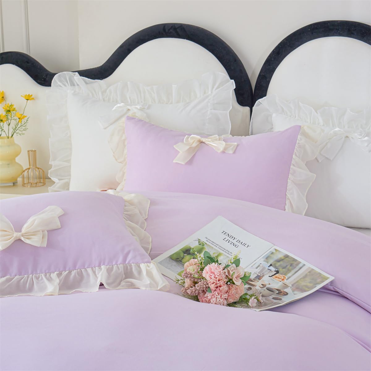 Ruffle Duvet Cover Bedding Set with Bowtie, 2 Pieces Comforter Cover Set with Zipper Closure with Pillowcase