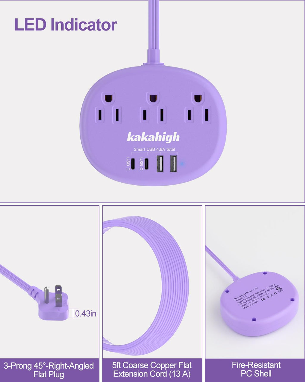 Cute Surge Protector â€?5FT Flat Extension Cord, 3 Outlets, 4 USB Ports (24W)