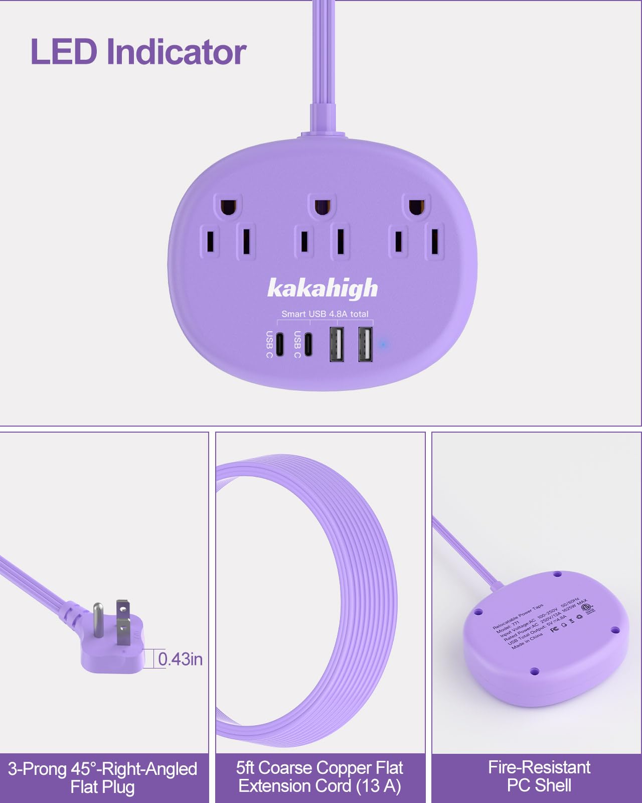 Cute Surge Protector â€?5FT Flat Extension Cord, 3 Outlets, 4 USB Ports (24W)