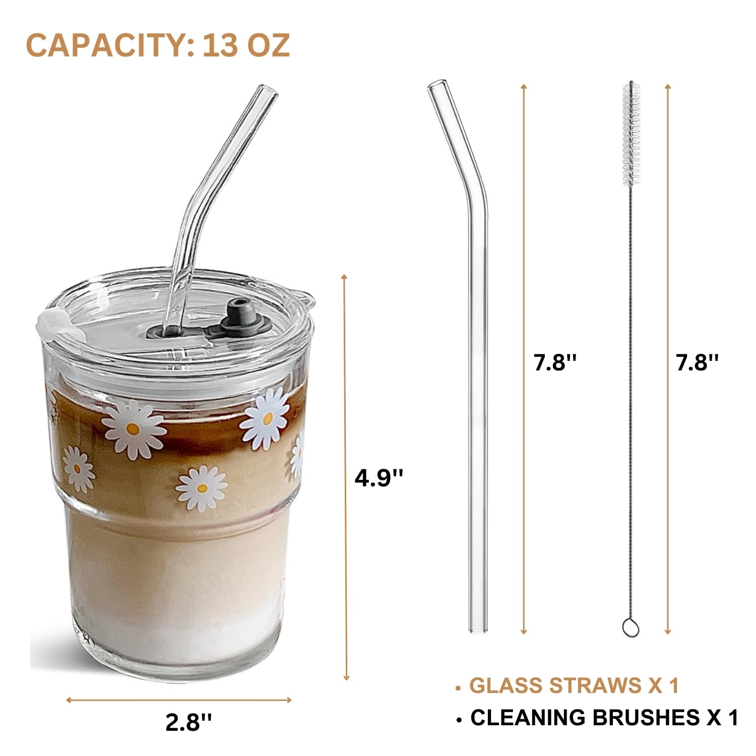Glass Tumbler with Straw and Lid, Reusable Iced Coffee Cup Tumbler, Cute Glass Cups 13oz