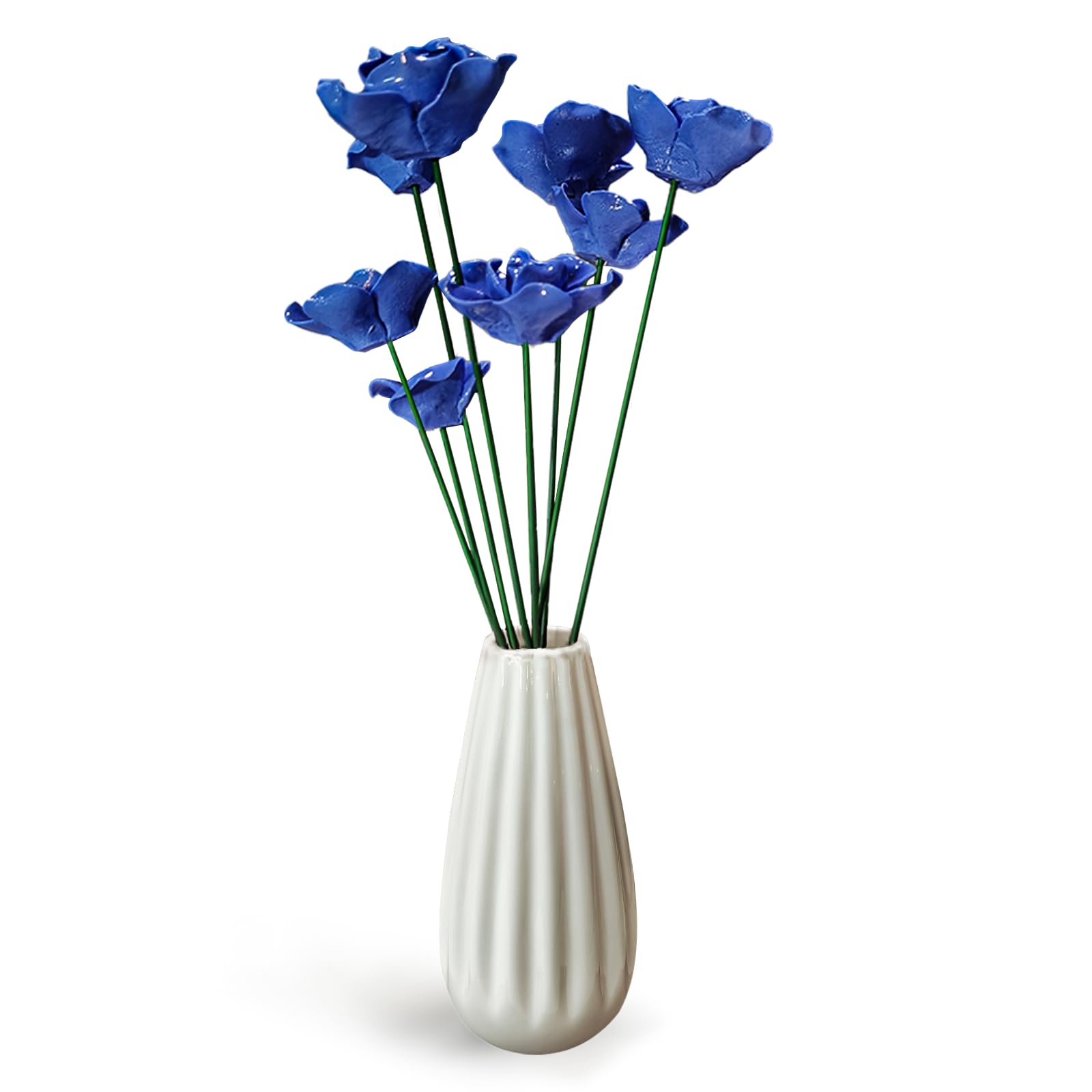 Handmade Ceramic Roses with Vase Set - 8 Artificial Porcelain Flowers and Modern Vase, Non-Fade Wedding Table Centerpiece, Eco-Friendly Home Décor for Living Room, Gift Box Included