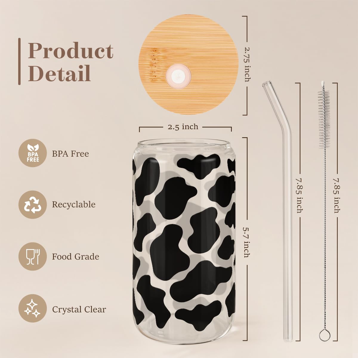 Glass Cup with Lid & Straw, Iced Coffee Aesthetic Glass Can, 16oz