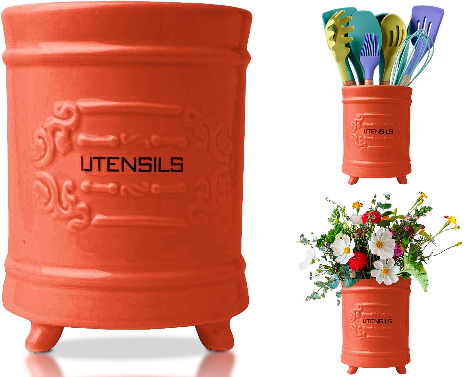 Vintage Style Kitchen Utensil Caddy - Antique Design Cooking Utensil Organizer - Rustic French Country Utensil Crock for Cooking Enthuziast