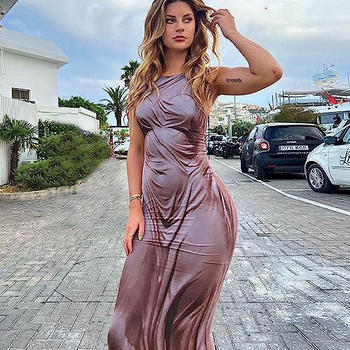 Women's Sexy Spaghetti Strap 3D Print Bodycon Maxi Dress Slim Fit Backless Summer Long Dresses