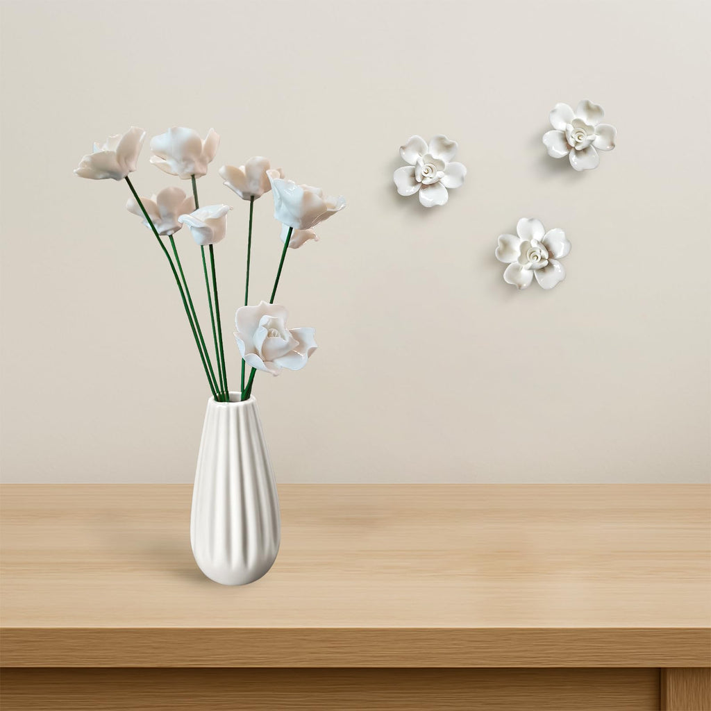 Handmade Ceramic Roses with Vase Set - 8 Artificial Porcelain Flowers and Modern Vase, Non-Fade Wedding Table Centerpiece, Eco-Friendly Home Décor for Living Room, Gift Box Included