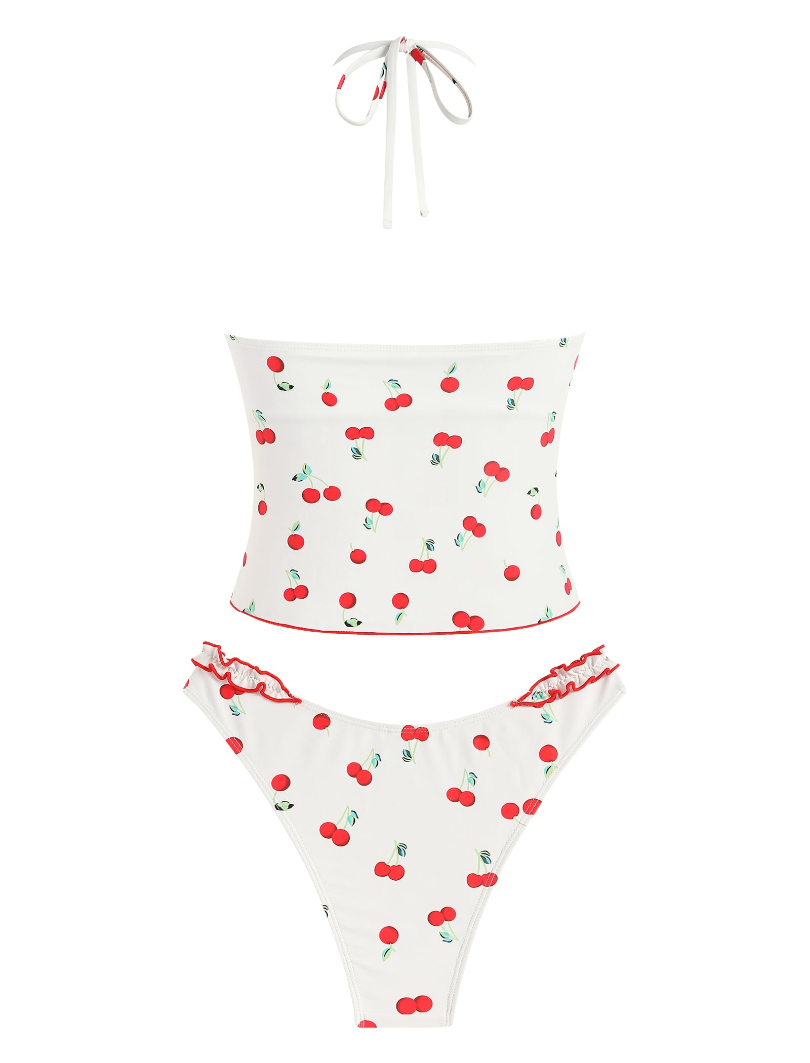 Tankini Swimsuits for Women Smocked Ruffles Tie Front Bowknot Textured High Cut Tanga Tankini Set