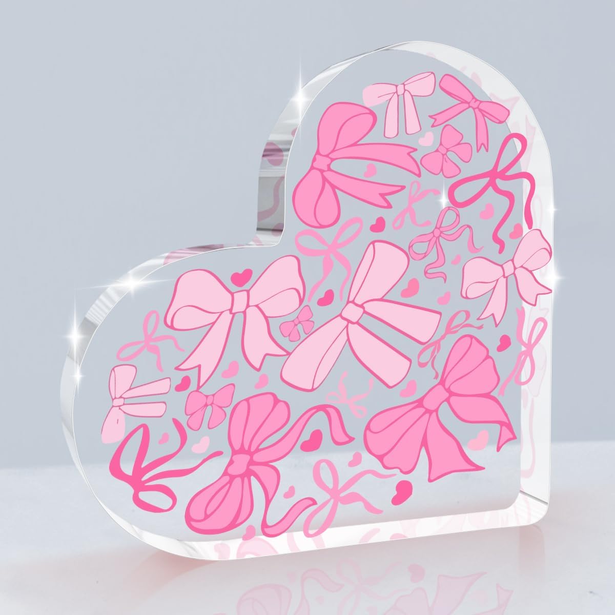 Pink Coquette Heart Bowknot Cute Decorative Faux Acrylic Heart-Shaped Decorative Sign for Home Office Love Theme Tabletop Mount 3.9 * 3.9 * 0.4