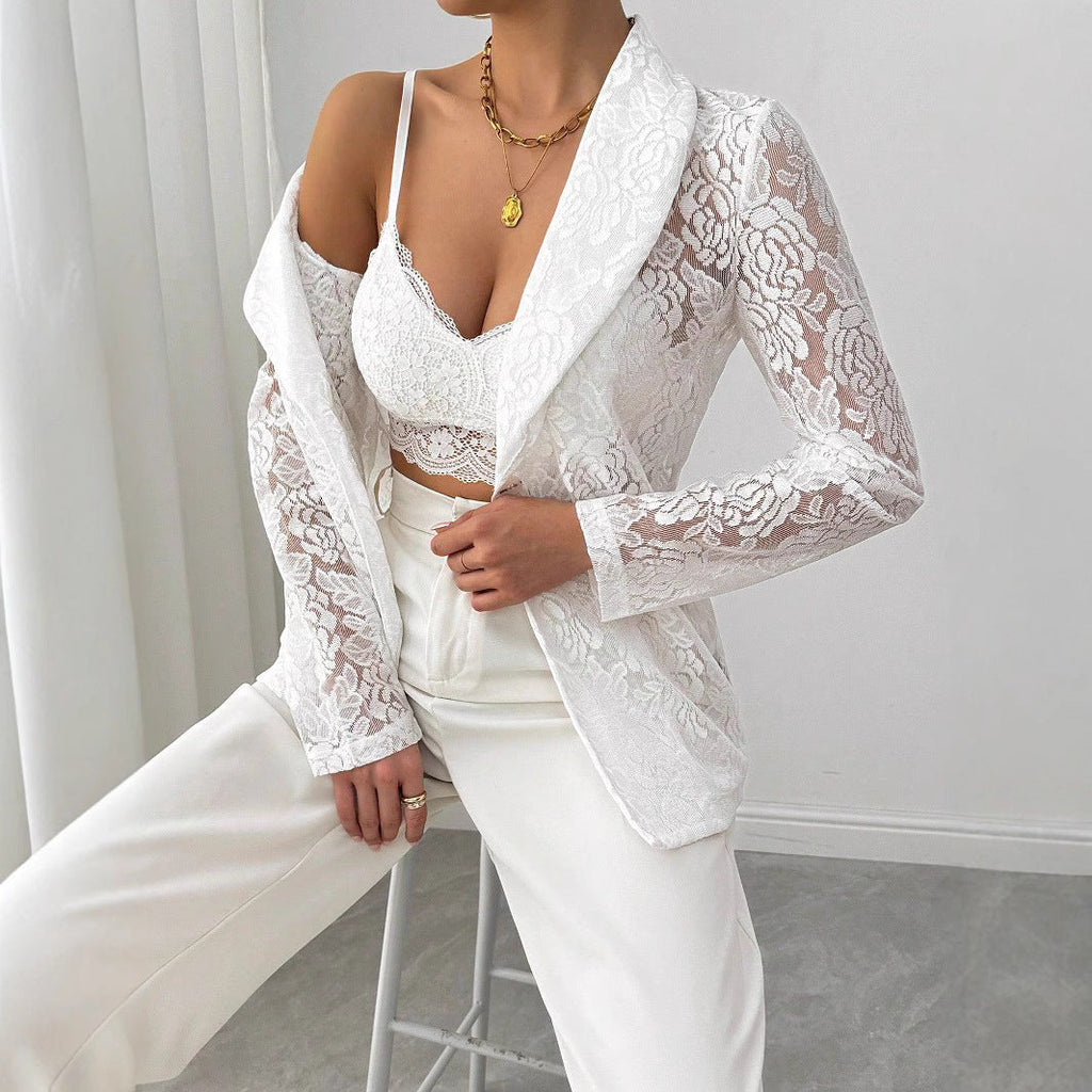 Lace Embroidery White Casual Blazer Women