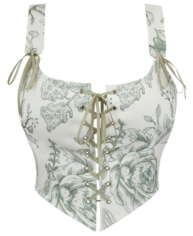 Womens Vintage Floral Print Grommet Lace Up Tie Front Corset Bustier Shapewear Top